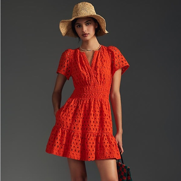 Cynthia Rowley Dresses & Skirts - Cynthia Rowley Orange Large Eyelet Smocked Mini Dress w/ Pockets Sz XS